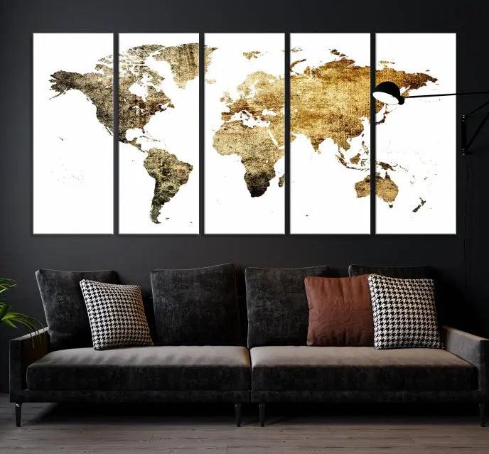 The World Map Wall Art Canvas Print is a triptych piece with a vintage texture crafted on museum-quality canvas and ready to hang.