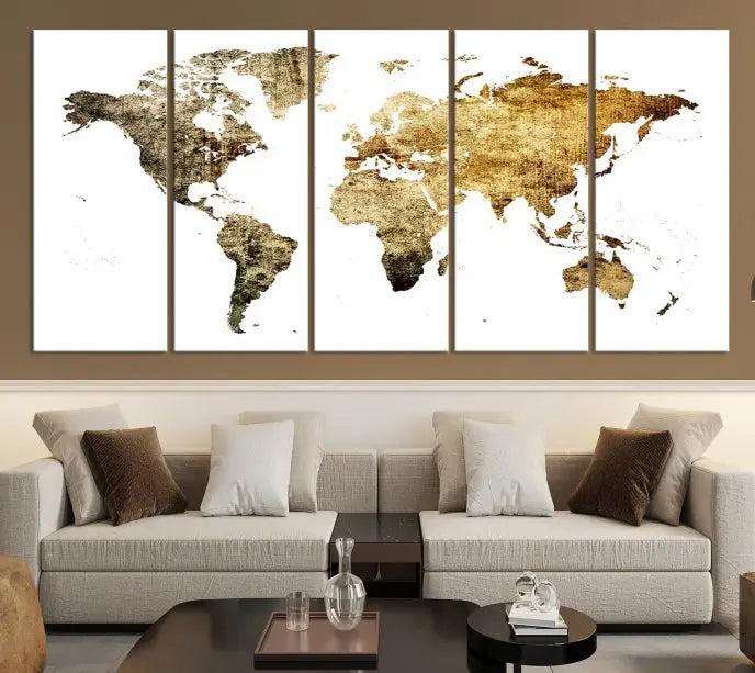 The World Map Wall Art Canvas Print is a triptych piece with a vintage texture crafted on museum-quality canvas and ready to hang.