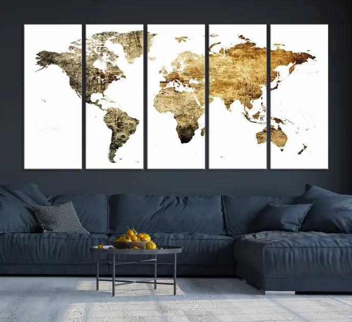 The World Map Wall Art Canvas Print is a triptych piece with a vintage texture crafted on museum-quality canvas and ready to hang.