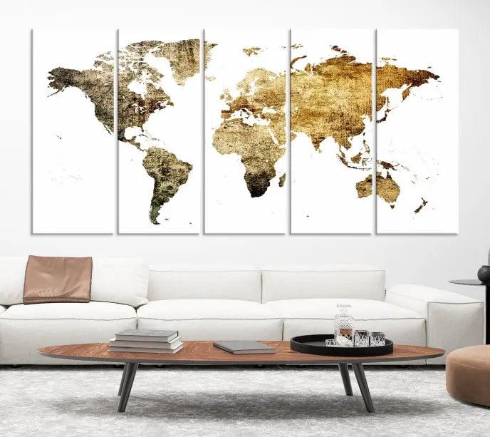 The World Map Wall Art Canvas Print is a triptych piece with a vintage texture crafted on museum-quality canvas and ready to hang.