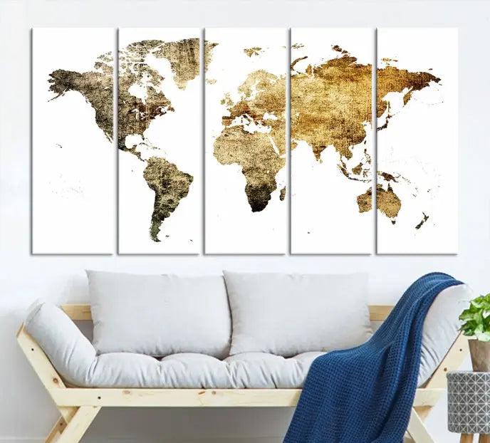 The World Map Wall Art Canvas Print is a triptych piece with a vintage texture crafted on museum-quality canvas and ready to hang.