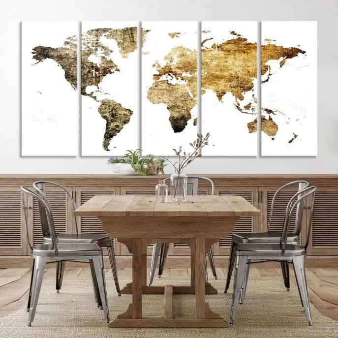 The World Map Wall Art Canvas Print is a triptych piece with a vintage texture crafted on museum-quality canvas and ready to hang.