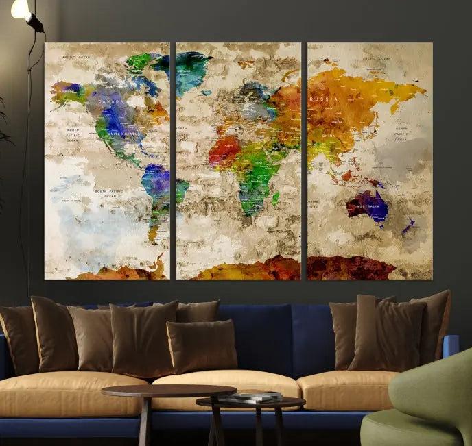 The "World Map Wall Art Canvas Print," presented as an enchanting triptych, adorns the wall in the cozy, softly lit living room. This multi-panel wall decor infuses the space with charm and intrigue.