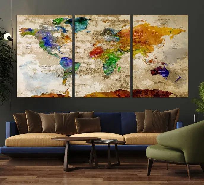 The "World Map Wall Art Canvas Print," presented as an enchanting triptych, adorns the wall in the cozy, softly lit living room. This multi-panel wall decor infuses the space with charm and intrigue.