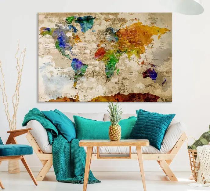 The "World Map Wall Art Canvas Print," presented as an enchanting triptych, adorns the wall in the cozy, softly lit living room. This multi-panel wall decor infuses the space with charm and intrigue.