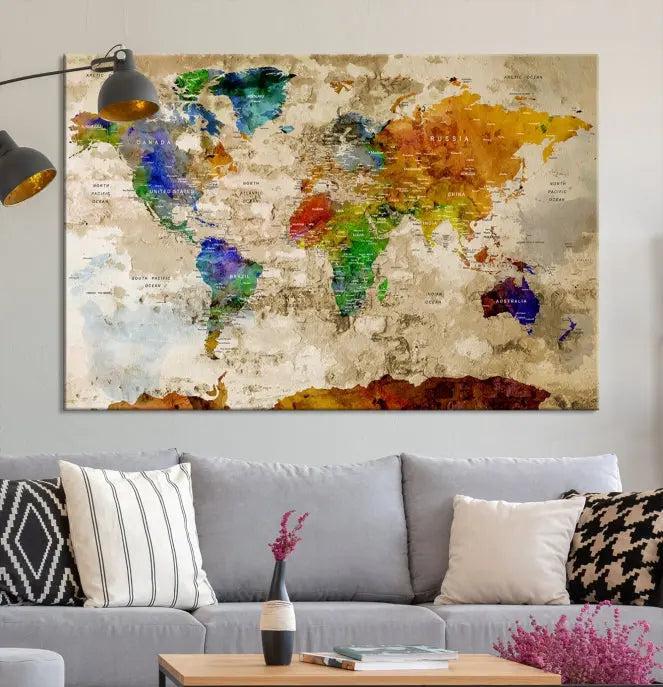 The "World Map Wall Art Canvas Print," presented as an enchanting triptych, adorns the wall in the cozy, softly lit living room. This multi-panel wall decor infuses the space with charm and intrigue.