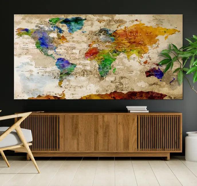 The "World Map Wall Art Canvas Print," presented as an enchanting triptych, adorns the wall in the cozy, softly lit living room. This multi-panel wall decor infuses the space with charm and intrigue.