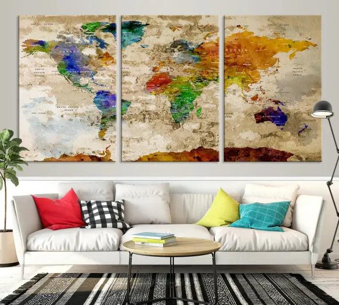 The "World Map Wall Art Canvas Print," presented as an enchanting triptych, adorns the wall in the cozy, softly lit living room. This multi-panel wall decor infuses the space with charm and intrigue.