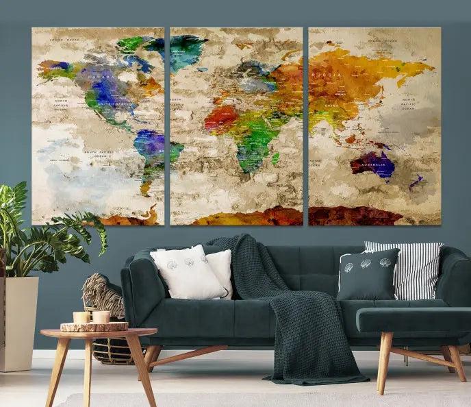 The "World Map Wall Art Canvas Print," presented as an enchanting triptych, adorns the wall in the cozy, softly lit living room. This multi-panel wall decor infuses the space with charm and intrigue.