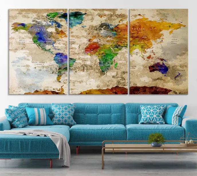 The "World Map Wall Art Canvas Print," presented as an enchanting triptych, adorns the wall in the cozy, softly lit living room. This multi-panel wall decor infuses the space with charm and intrigue.