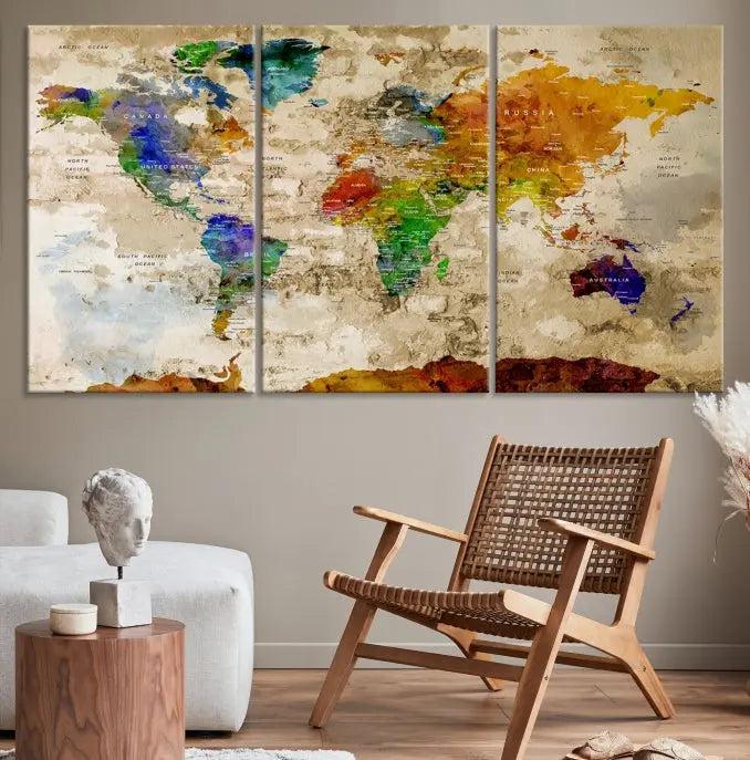 The "World Map Wall Art Canvas Print," presented as an enchanting triptych, adorns the wall in the cozy, softly lit living room. This multi-panel wall decor infuses the space with charm and intrigue.