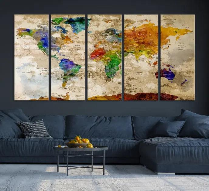 The "World Map Wall Art Canvas Print," presented as an enchanting triptych, adorns the wall in the cozy, softly lit living room. This multi-panel wall decor infuses the space with charm and intrigue.