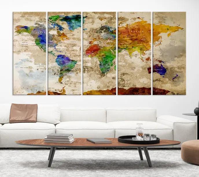 The "World Map Wall Art Canvas Print," presented as an enchanting triptych, adorns the wall in the cozy, softly lit living room. This multi-panel wall decor infuses the space with charm and intrigue.