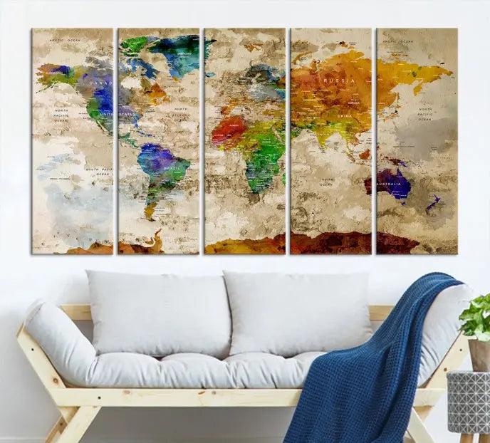 The "World Map Wall Art Canvas Print," presented as an enchanting triptych, adorns the wall in the cozy, softly lit living room. This multi-panel wall decor infuses the space with charm and intrigue.