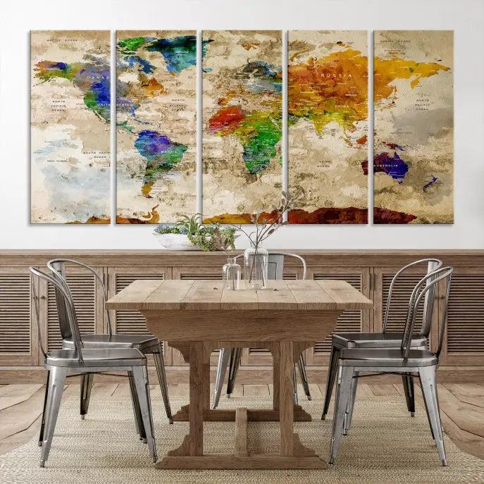 The "World Map Wall Art Canvas Print," presented as an enchanting triptych, adorns the wall in the cozy, softly lit living room. This multi-panel wall decor infuses the space with charm and intrigue.