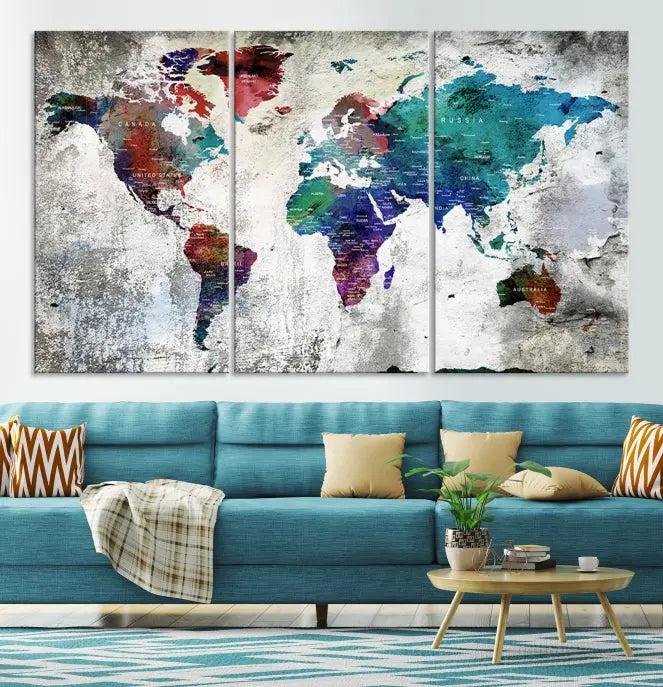 The "World Map Wall Art Canvas Print," a stunning three-panel abstract world map artwork, is crafted on museum-quality canvas with a UV-protective coating. Take advantage of free shipping on this elegant piece.