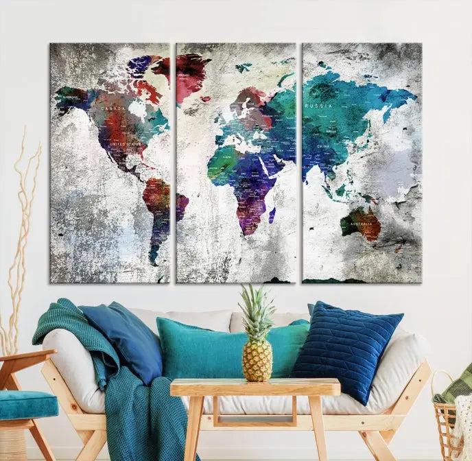 The "World Map Wall Art Canvas Print," a stunning three-panel abstract world map artwork, is crafted on museum-quality canvas with a UV-protective coating. Take advantage of free shipping on this elegant piece.