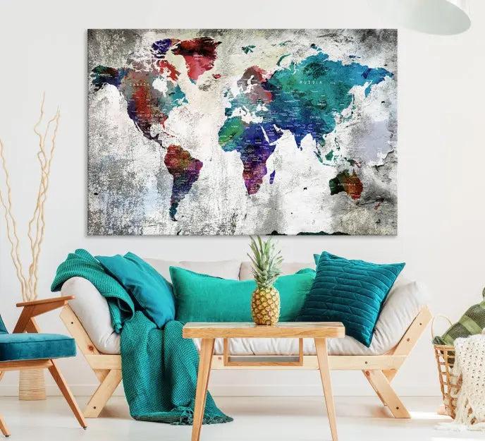 The "World Map Wall Art Canvas Print," a stunning three-panel abstract world map artwork, is crafted on museum-quality canvas with a UV-protective coating. Take advantage of free shipping on this elegant piece.