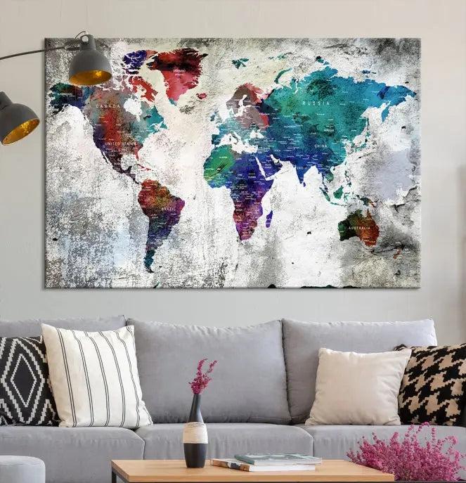 The "World Map Wall Art Canvas Print," a stunning three-panel abstract world map artwork, is crafted on museum-quality canvas with a UV-protective coating. Take advantage of free shipping on this elegant piece.