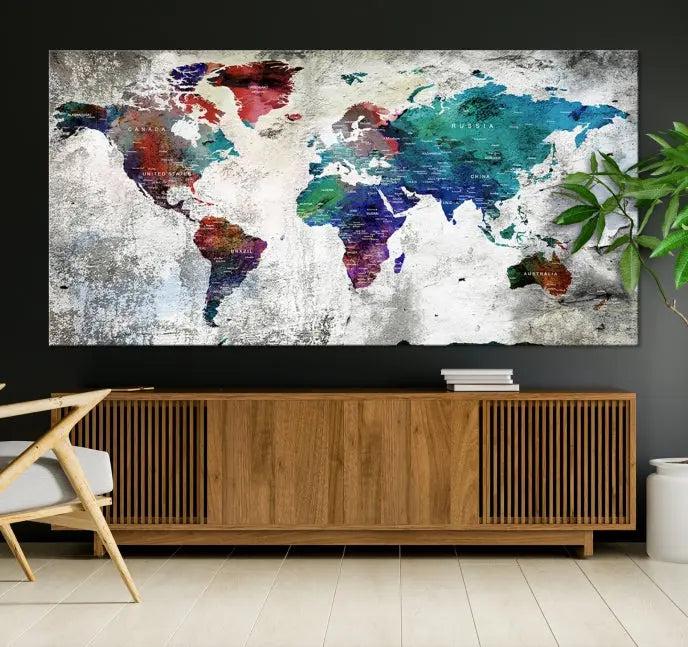 The "World Map Wall Art Canvas Print," a stunning three-panel abstract world map artwork, is crafted on museum-quality canvas with a UV-protective coating. Take advantage of free shipping on this elegant piece.