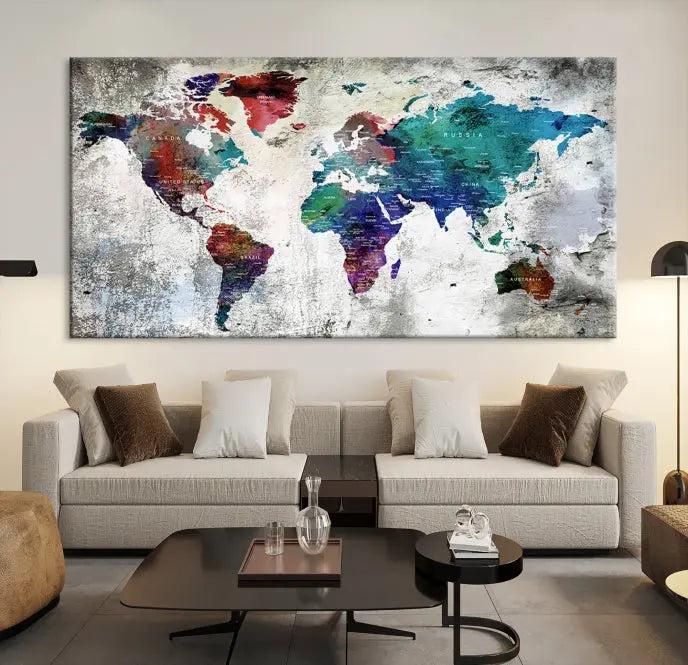 The "World Map Wall Art Canvas Print," a stunning three-panel abstract world map artwork, is crafted on museum-quality canvas with a UV-protective coating. Take advantage of free shipping on this elegant piece.