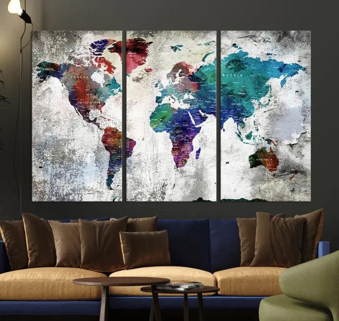 The "World Map Wall Art Canvas Print," a stunning three-panel abstract world map artwork, is crafted on museum-quality canvas with a UV-protective coating. Take advantage of free shipping on this elegant piece.