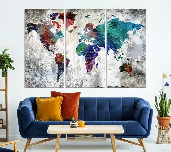 The "World Map Wall Art Canvas Print," a stunning three-panel abstract world map artwork, is crafted on museum-quality canvas with a UV-protective coating. Take advantage of free shipping on this elegant piece.