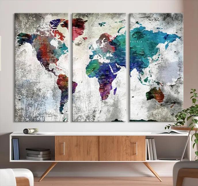 The "World Map Wall Art Canvas Print," a stunning three-panel abstract world map artwork, is crafted on museum-quality canvas with a UV-protective coating. Take advantage of free shipping on this elegant piece.