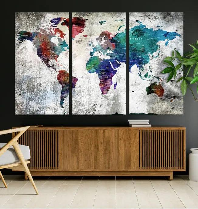 The "World Map Wall Art Canvas Print," a stunning three-panel abstract world map artwork, is crafted on museum-quality canvas with a UV-protective coating. Take advantage of free shipping on this elegant piece.