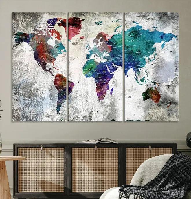 The "World Map Wall Art Canvas Print," a stunning three-panel abstract world map artwork, is crafted on museum-quality canvas with a UV-protective coating. Take advantage of free shipping on this elegant piece.