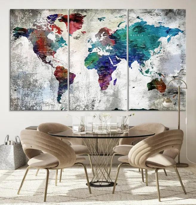 The "World Map Wall Art Canvas Print," a stunning three-panel abstract world map artwork, is crafted on museum-quality canvas with a UV-protective coating. Take advantage of free shipping on this elegant piece.