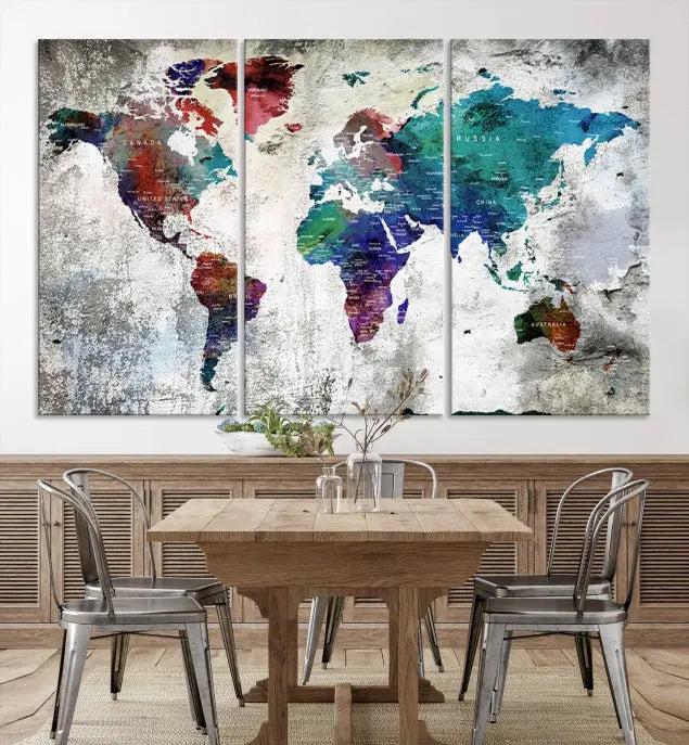 The "World Map Wall Art Canvas Print," a stunning three-panel abstract world map artwork, is crafted on museum-quality canvas with a UV-protective coating. Take advantage of free shipping on this elegant piece.