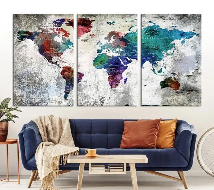 The "World Map Wall Art Canvas Print," a stunning three-panel abstract world map artwork, is crafted on museum-quality canvas with a UV-protective coating. Take advantage of free shipping on this elegant piece.