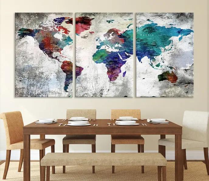 The "World Map Wall Art Canvas Print," a stunning three-panel abstract world map artwork, is crafted on museum-quality canvas with a UV-protective coating. Take advantage of free shipping on this elegant piece.