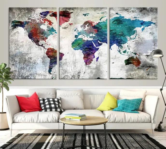 The "World Map Wall Art Canvas Print," a stunning three-panel abstract world map artwork, is crafted on museum-quality canvas with a UV-protective coating. Take advantage of free shipping on this elegant piece.