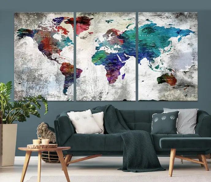 The "World Map Wall Art Canvas Print," a stunning three-panel abstract world map artwork, is crafted on museum-quality canvas with a UV-protective coating. Take advantage of free shipping on this elegant piece.