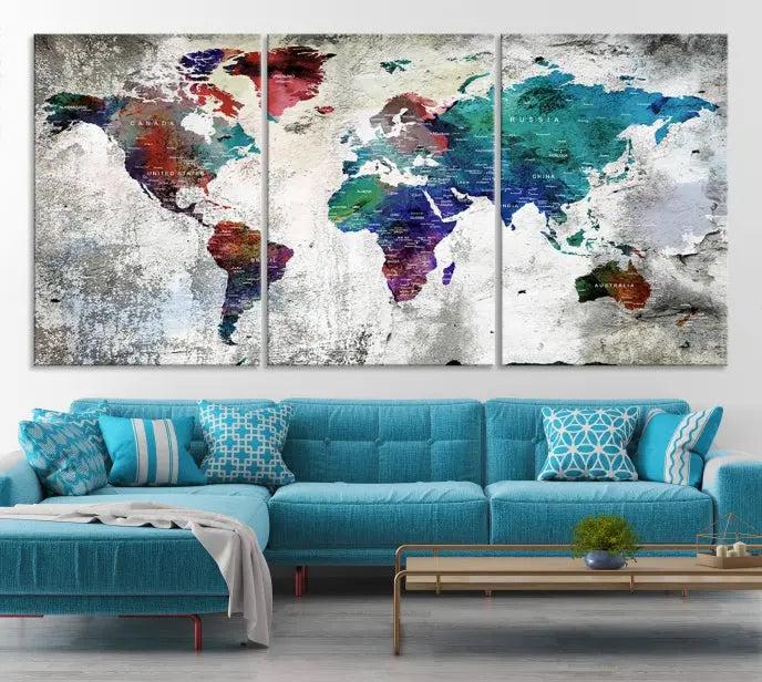 The "World Map Wall Art Canvas Print," a stunning three-panel abstract world map artwork, is crafted on museum-quality canvas with a UV-protective coating. Take advantage of free shipping on this elegant piece.