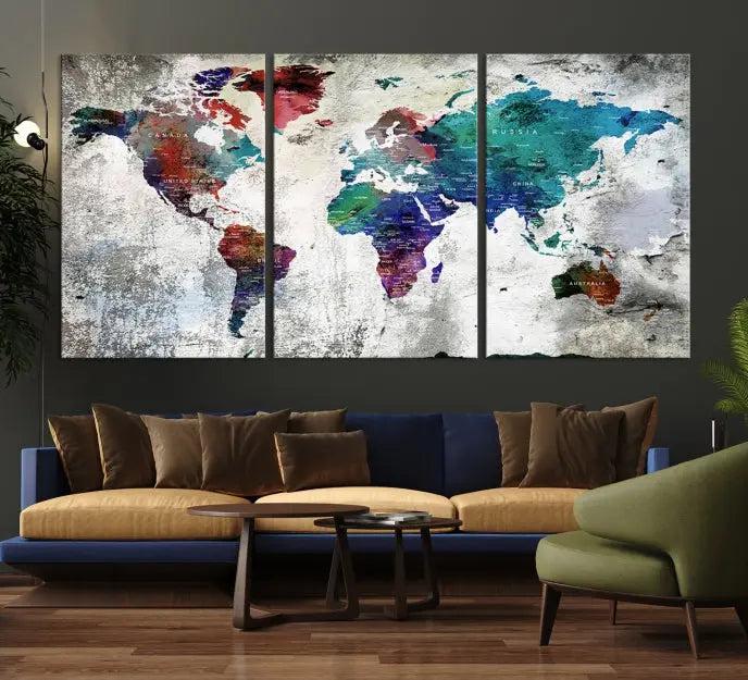 The "World Map Wall Art Canvas Print," a stunning three-panel abstract world map artwork, is crafted on museum-quality canvas with a UV-protective coating. Take advantage of free shipping on this elegant piece.