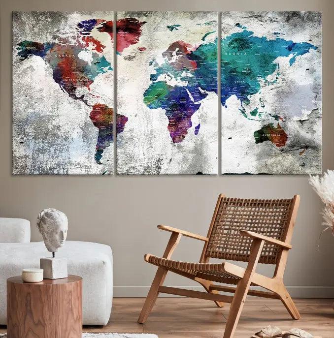 The "World Map Wall Art Canvas Print," a stunning three-panel abstract world map artwork, is crafted on museum-quality canvas with a UV-protective coating. Take advantage of free shipping on this elegant piece.