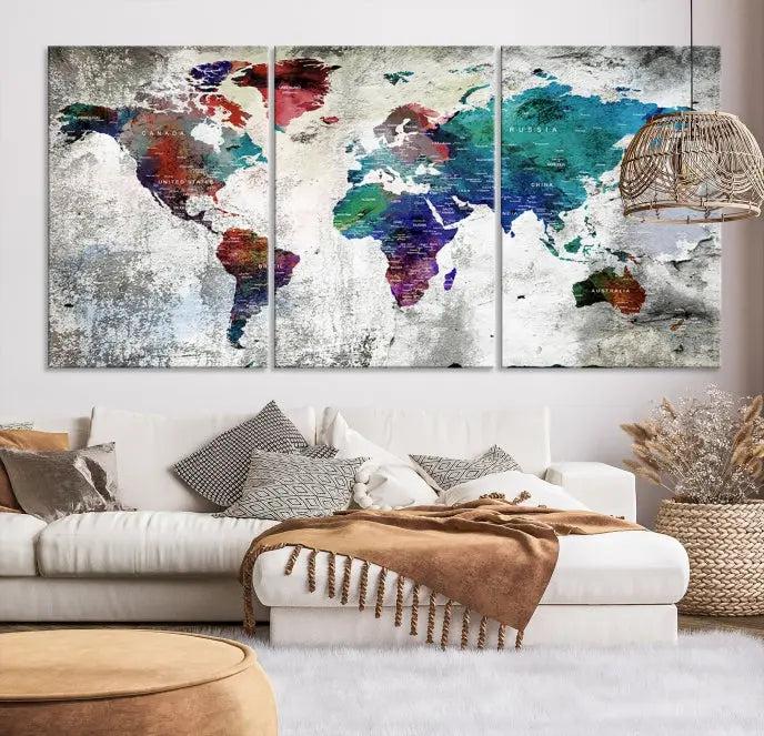 The "World Map Wall Art Canvas Print," a stunning three-panel abstract world map artwork, is crafted on museum-quality canvas with a UV-protective coating. Take advantage of free shipping on this elegant piece.