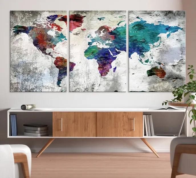 The "World Map Wall Art Canvas Print," a stunning three-panel abstract world map artwork, is crafted on museum-quality canvas with a UV-protective coating. Take advantage of free shipping on this elegant piece.