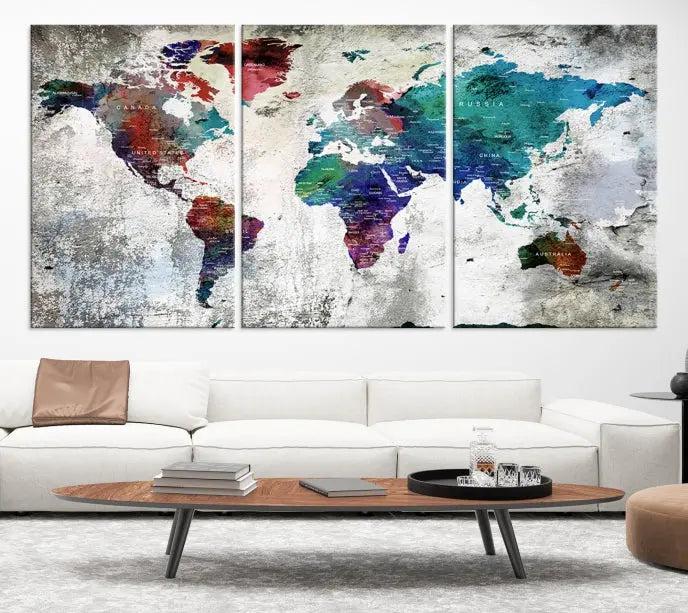 The "World Map Wall Art Canvas Print," a stunning three-panel abstract world map artwork, is crafted on museum-quality canvas with a UV-protective coating. Take advantage of free shipping on this elegant piece.