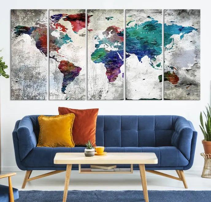 The "World Map Wall Art Canvas Print," a stunning three-panel abstract world map artwork, is crafted on museum-quality canvas with a UV-protective coating. Take advantage of free shipping on this elegant piece.