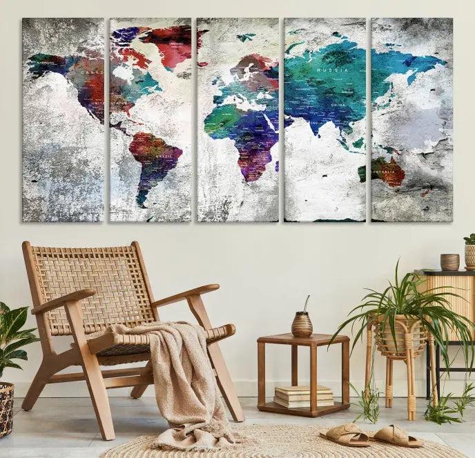 The "World Map Wall Art Canvas Print," a stunning three-panel abstract world map artwork, is crafted on museum-quality canvas with a UV-protective coating. Take advantage of free shipping on this elegant piece.