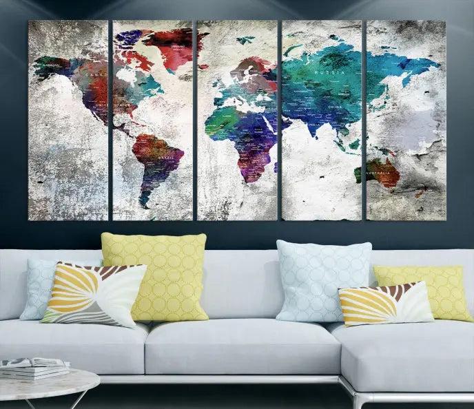 The "World Map Wall Art Canvas Print," a stunning three-panel abstract world map artwork, is crafted on museum-quality canvas with a UV-protective coating. Take advantage of free shipping on this elegant piece.