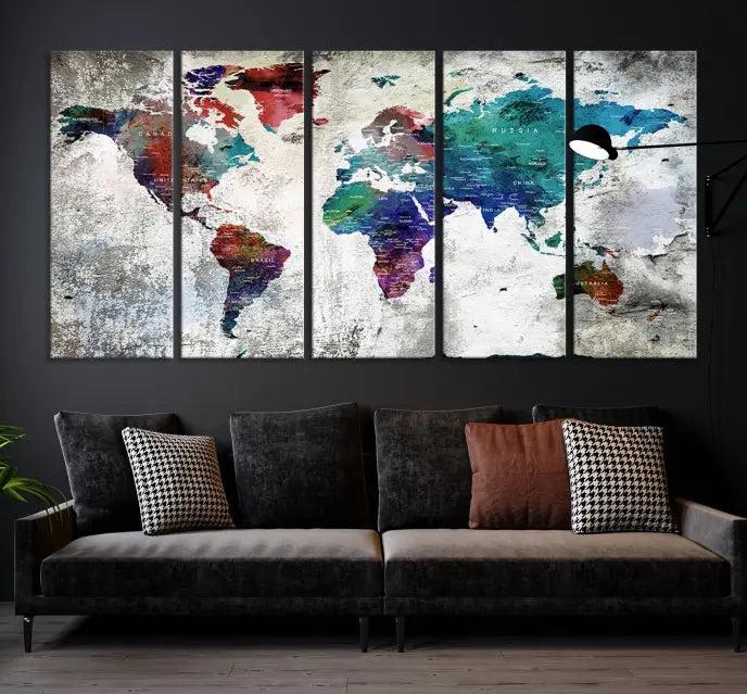 The "World Map Wall Art Canvas Print," a stunning three-panel abstract world map artwork, is crafted on museum-quality canvas with a UV-protective coating. Take advantage of free shipping on this elegant piece.