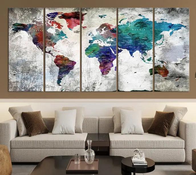 The "World Map Wall Art Canvas Print," a stunning three-panel abstract world map artwork, is crafted on museum-quality canvas with a UV-protective coating. Take advantage of free shipping on this elegant piece.