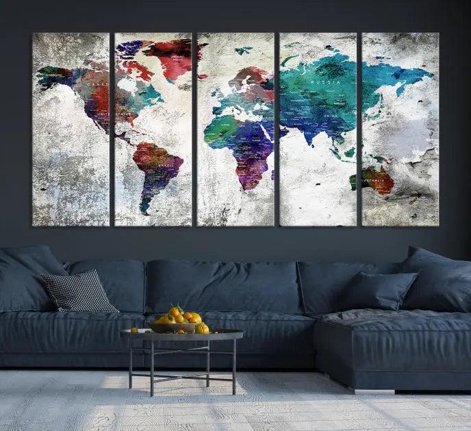 The "World Map Wall Art Canvas Print," a stunning three-panel abstract world map artwork, is crafted on museum-quality canvas with a UV-protective coating. Take advantage of free shipping on this elegant piece.