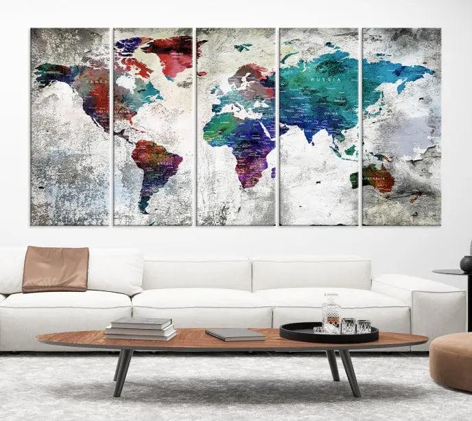 The "World Map Wall Art Canvas Print," a stunning three-panel abstract world map artwork, is crafted on museum-quality canvas with a UV-protective coating. Take advantage of free shipping on this elegant piece.