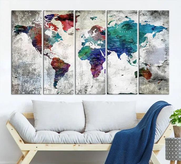 The "World Map Wall Art Canvas Print," a stunning three-panel abstract world map artwork, is crafted on museum-quality canvas with a UV-protective coating. Take advantage of free shipping on this elegant piece.